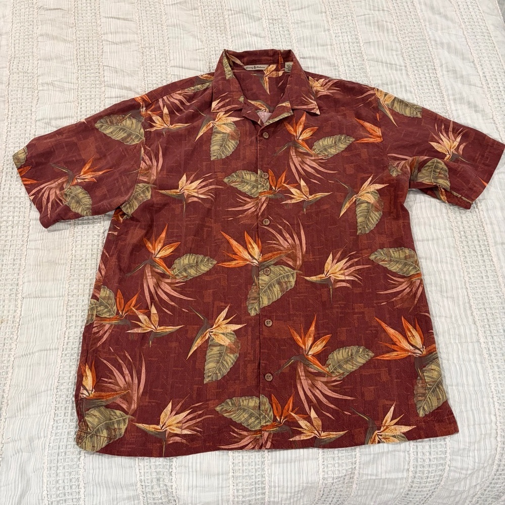 Vintage Tommy Bahama Silk Birds of Paradise Camp Shirt Large Short Sleeve